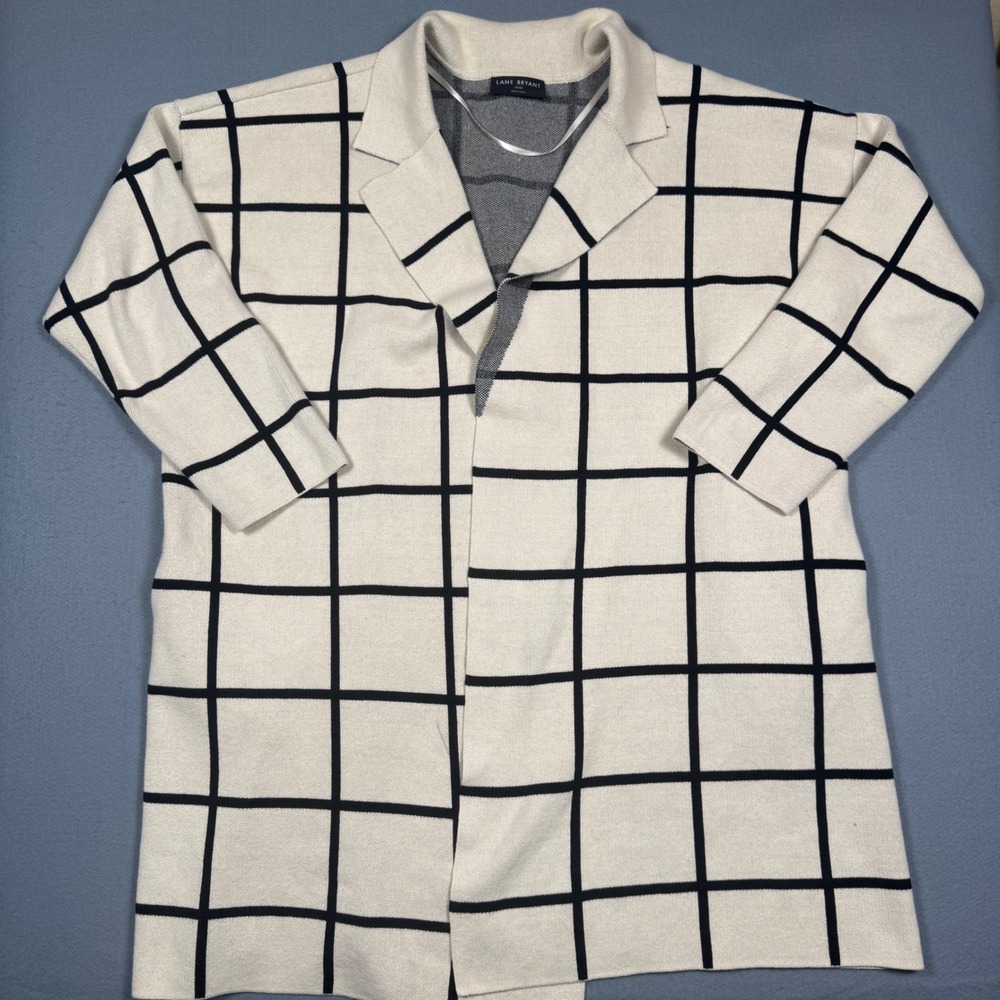 Lane Bryant Cardigan Sweater Women 22/24 White Black Windowpane Plaid Open Front